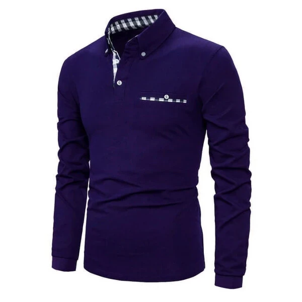 MLANM Men's Casual Long Sleeve Plaid Collar Polo Shirt Slim Fit Basic Shirts, L Purple - MLANM