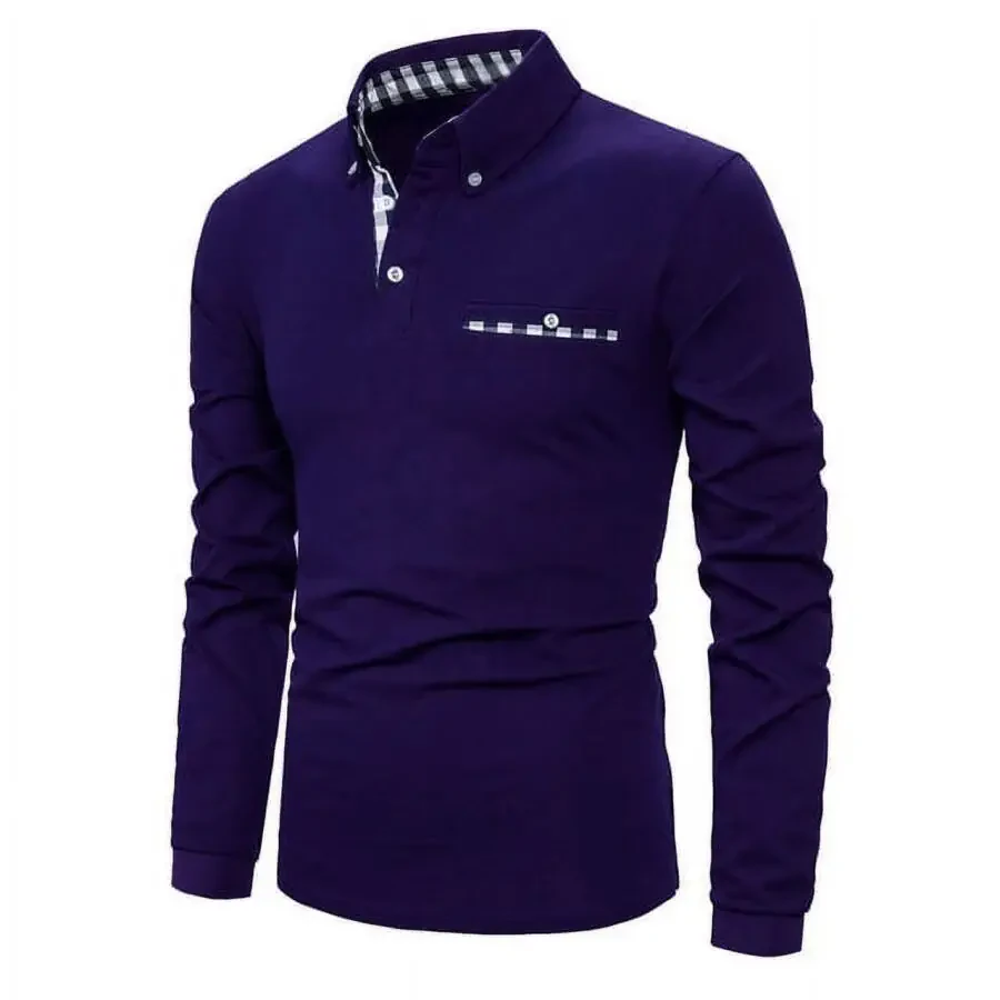 MLANM Men's Casual Long Sleeve Plaid Collar Polo Shirt Slim Fit Basic Shirts, L Purple - 1