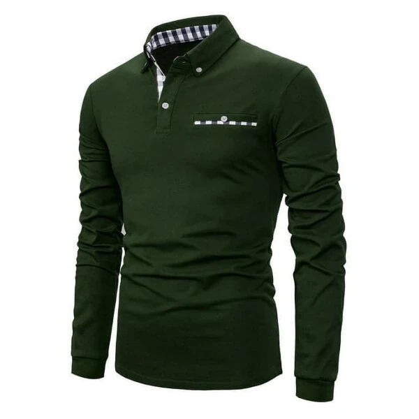 MLANM Mens Casual Long Sleeve Plaid Collar Polo Shirt Slim Fit Basic Shirts, S Dark Green - MLANM