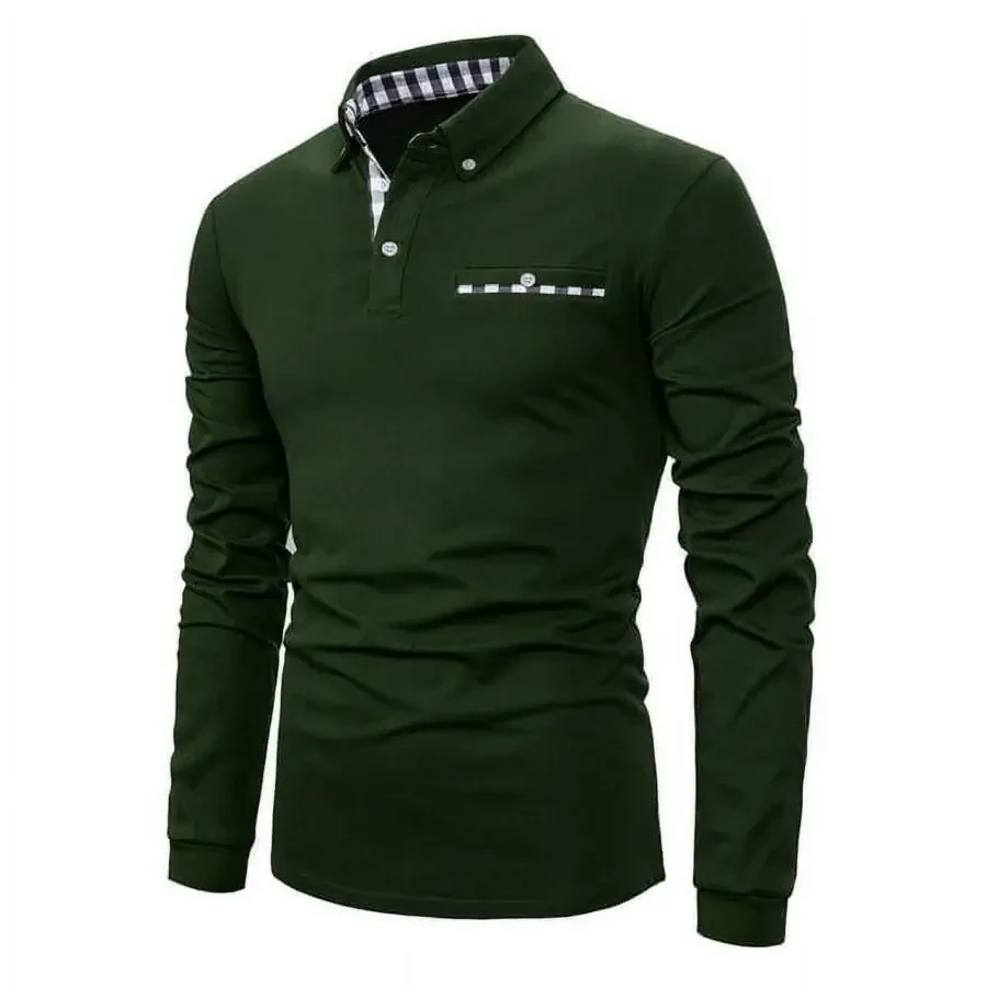 MLANM Mens Casual Long Sleeve Plaid Collar Polo Shirt Slim Fit Basic Shirts, S Dark Green - 1
