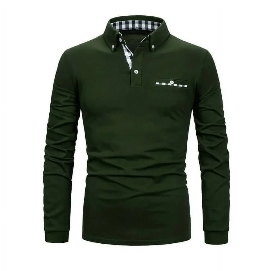 MLANM Mens Casual Long Sleeve Plaid Collar Polo Shirt Slim Fit Basic Shirts, S Dark Green - 2