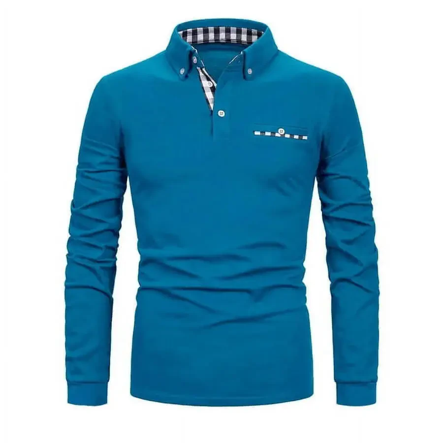 MLANM Mens Casual Long Sleeve Plaid Collar Polo Shirt Slim Fit Basic Shirts, S Light Blue - 2