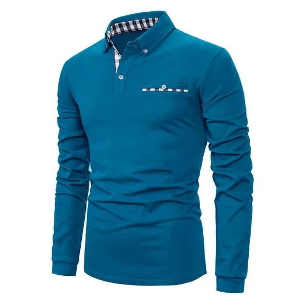 MLANM Mens Casual Long Sleeve Plaid Collar Polo Shirt Slim Fit Basic Shirts, S Light Blue- - MLANM