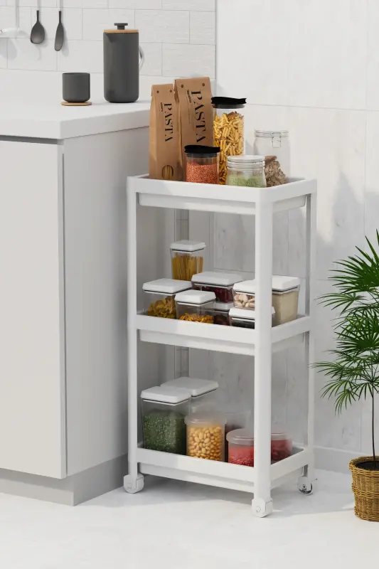 Многофункциональная 3-х уровневая этажерка для ванной комнаты на колесиках - Белая - 3