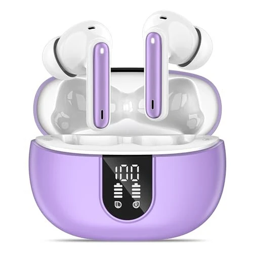 MoBadeety Wireless Earbuds, Bluetooth 5.3 Headphones 40Hrs Playtime Deep Bass Stereo, LED Power Display, Call Noise Canceling Headphones with Mic, IP7 Waterproof Earphones for iOS Android Purple - MoBadeety