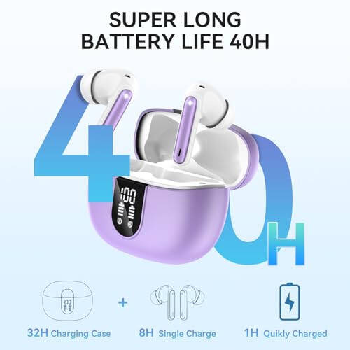 MoBadeety Wireless Earbuds, Bluetooth 5.3 Headphones 40Hrs Playtime Deep Bass Stereo, LED Power Display, Call Noise Canceling Headphones with Mic, IP7 Waterproof Earphones for iOS Android Purple - 2