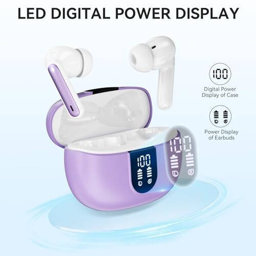 MoBadeety Wireless Earbuds, Bluetooth 5.3 Headphones 40Hrs Playtime Deep Bass Stereo, LED Power Display, Call Noise Canceling Headphones with Mic, IP7 Waterproof Earphones for iOS Android Purple - 3