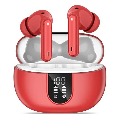 MoBadeety Wireless Earbuds, Bluetooth 5.3 Headphones 40Hrs Playtime Deep Bass Stereo, LED Power Display, Call Noise Canceling Headphones with Mic, IP7 Waterproof Earphones for iOS Android Red - MoBadeety