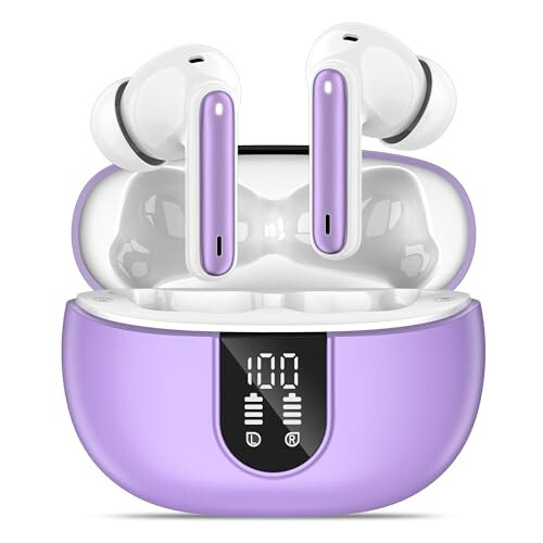 MoBadeety Simsiz Quloqchinlar, Bluetooth 5.3 Quloqchinlar 40 soat Davom Etuvchi Chuqur Bass Stereo, LED Quvvat Displey, Mikrofonli Qo'ng'iroq Shovqinini Be'kor Qilish Quloqchinlari, IP7 Suv o'tkazmaydigan Quloqchinlar iOS Android Binafsha - MoBadeety