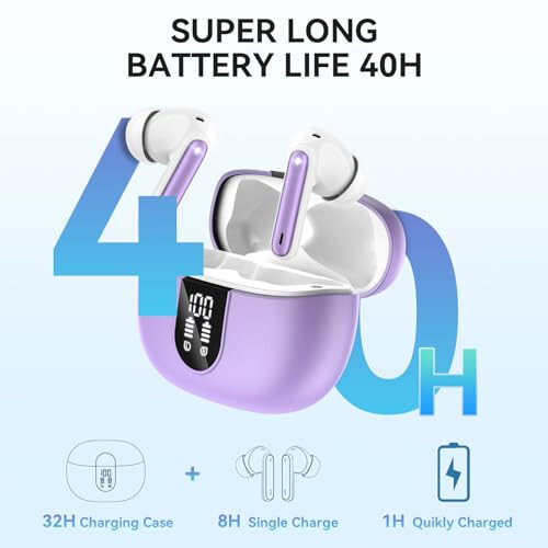 MoBadeety Simsiz Quloqchinlar, Bluetooth 5.3 Quloqchinlar 40 soat Davom Etuvchi Chuqur Bass Stereo, LED Quvvat Displey, Mikrofonli Qo'ng'iroq Shovqinini Be'kor Qilish Quloqchinlari, IP7 Suv o'tkazmaydigan Quloqchinlar iOS Android Binafsha - MoBadeety (1)