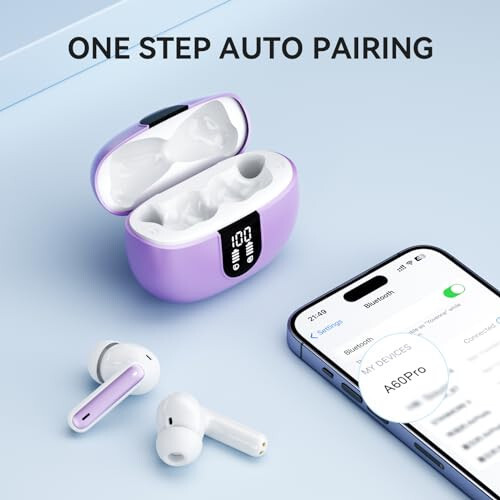 MoBadeety Simsiz Quloqchinlar, Bluetooth 5.3 Quloqchinlar 40 soat Davom Etuvchi Chuqur Bass Stereo, LED Quvvat Displey, Mikrofonli Qo'ng'iroq Shovqinini Be'kor Qilish Quloqchinlari, IP7 Suv o'tkazmaydigan Quloqchinlar iOS Android Binafsha - 4