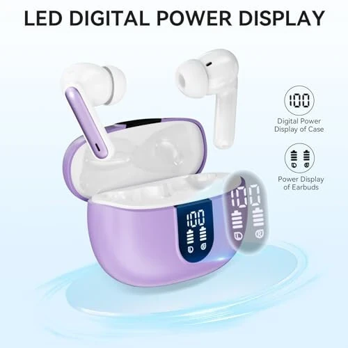 MoBadeety Simsiz Quloqchinlar, Bluetooth 5.3 Quloqchinlar 40 soat Davom Etuvchi Chuqur Bass Stereo, LED Quvvat Displey, Mikrofonli Qo'ng'iroq Shovqinini Be'kor Qilish Quloqchinlari, IP7 Suv o'tkazmaydigan Quloqchinlar iOS Android Binafsha - 3