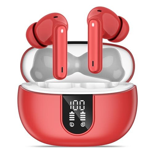 MoBadeety Simsiz Quloqchinlari, Bluetooth 5.3 Quloqchinlari 40 soat O'ynash Vaqti Chuqur Bas Stereo, LED Quvvat Displey, Mikrofonli Qo'ng'iroq Shovqinini Bekitgich Quloqchinlar, IP7 Su o'tkazmaydigan Quloqchinlar iOS Android Qizil - MoBadeety