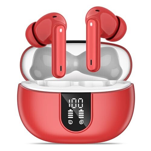 MoBadeety Simsiz Quloqchinlari, Bluetooth 5.3 Quloqchinlari 40 soat O'ynash Vaqti Chuqur Bas Stereo, LED Quvvat Displey, Mikrofonli Qo'ng'iroq Shovqinini Bekitgich Quloqchinlar, IP7 Su o'tkazmaydigan Quloqchinlar iOS Android Qizil - MoBadeety