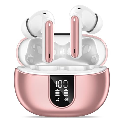 MoBadeety Simsiz Quloqchinlari, Bluetooth 5.3 Quloqchinlari 40 soat o'ynash vaqti chuqur bas stereo, LED quvvat displey, mikrofonli qo'ng'iroq shovqinini bekor qilish quloqchinlari, IP7 suv o'tkazmaydigan quloqchinlar iOS Android uchun oltin rang - MoBadeety