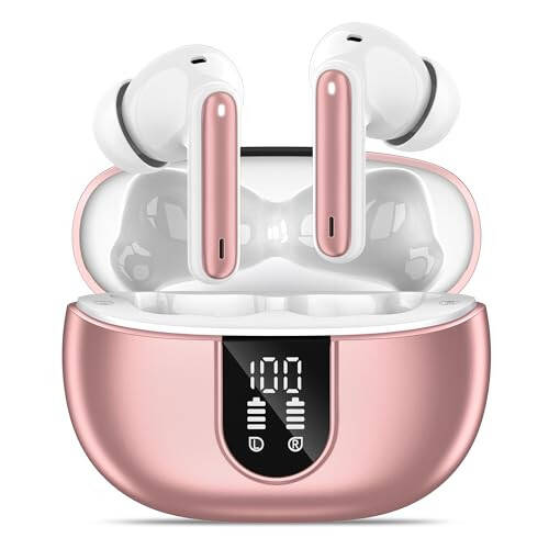 MoBadeety Simsiz Quloqchinlari, Bluetooth 5.3 Quloqchinlari 40 soat o'ynash vaqti chuqur bas stereo, LED quvvat displey, mikrofonli qo'ng'iroq shovqinini bekor qilish quloqchinlari, IP7 suv o'tkazmaydigan quloqchinlar iOS Android uchun oltin rang - 1