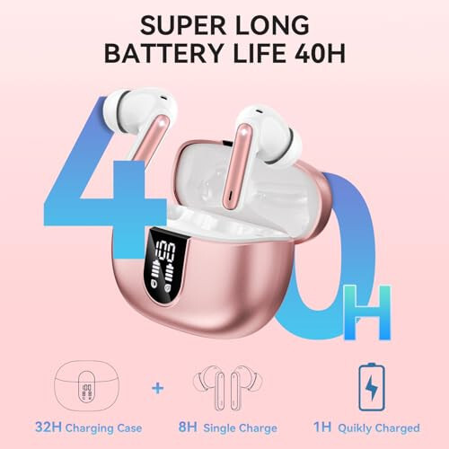 MoBadeety Simsiz Quloqchinlari, Bluetooth 5.3 Quloqchinlari 40 soat o'ynash vaqti chuqur bas stereo, LED quvvat displey, mikrofonli qo'ng'iroq shovqinini bekor qilish quloqchinlari, IP7 suv o'tkazmaydigan quloqchinlar iOS Android uchun oltin rang - MoBadeety (1)