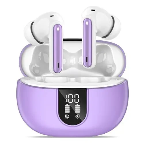 MoBadeety Wireless Earbuds, Bluetooth 5.3 Headphones 40Hrs Playtime Deep Bass Stereo, LED Power Display, Call Noise Canceling Headphones with Mic, IP7 Waterproof Earphones for iOS Android Purple - 1
