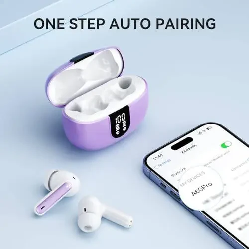 MoBadeety Wireless Earbuds, Bluetooth 5.3 Headphones 40Hrs Playtime Deep Bass Stereo, LED Power Display, Call Noise Canceling Headphones with Mic, IP7 Waterproof Earphones for iOS Android Purple - 4