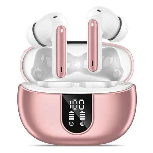 MoBadeety Wireless Earbuds, Bluetooth 5.3 Headphones 40Hrs Playtime Deep Bass Stereo, LED Power Display, Call Noise Canceling Headphones with Mic, IP7 Waterproof Earphones for iOS Android Rose Gold - 1