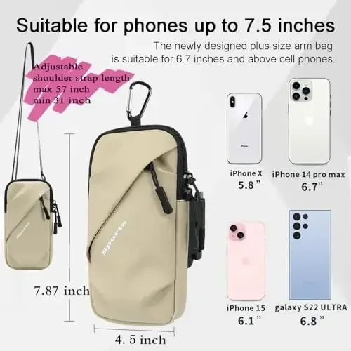 Mobil telefon uchun bilaguzuk, yugurish uchun telefon ushlagichi, yurish uchun telefon ushlagichi, yelkadan osiladigan telefon hamyoni, kross-bodi sumka telefon qutisi (Xaki) - 3
