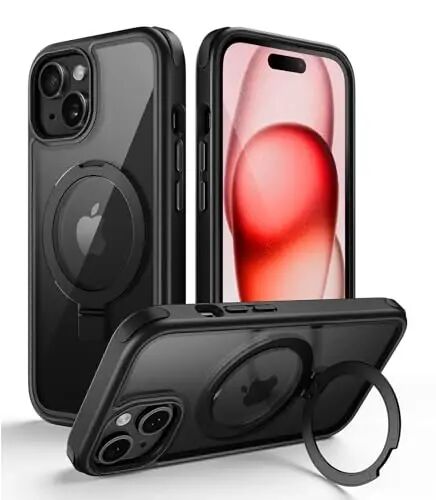 Mobnano for iPhone 15 Case with Stand, Compatible with MagSafe, Crystal Clear Back, Military-Grade Protection, Magnetic Ring Holder & Protective Bumpers, Non-Yellowing Scratch-Resistant - Black - MOBNANO