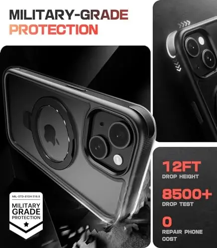 Mobnano for iPhone 15 Case with Stand, Compatible with MagSafe, Crystal Clear Back, Military-Grade Protection, Magnetic Ring Holder & Protective Bumpers, Non-Yellowing Scratch-Resistant - Black - 4