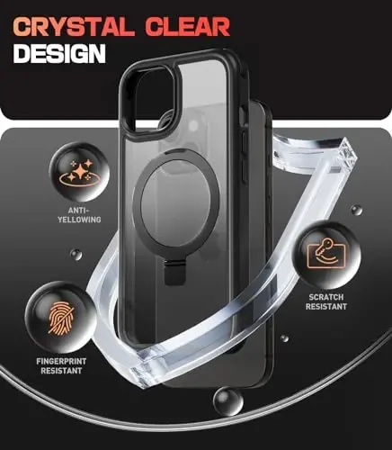 Mobnano for iPhone 15 Case with Stand, Compatible with MagSafe, Crystal Clear Back, Military-Grade Protection, Magnetic Ring Holder & Protective Bumpers, Non-Yellowing Scratch-Resistant - Black - 5