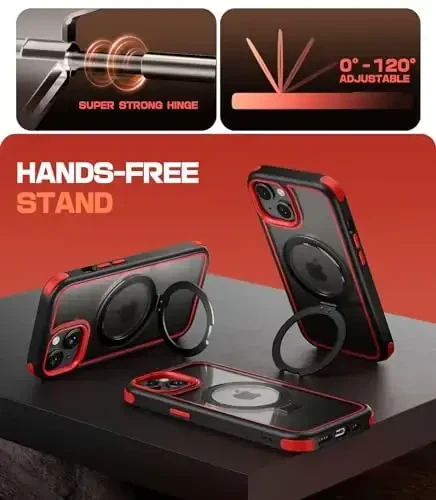 Mobnano for iPhone 15 Case with Stand, Compatible with MagSafe, Crystal Clear Back, Military-Grade Protection, Magnetic Ring Holder & Protective Bumpers, Non-Yellowing Scratch-Resistant - Black/Red - 2