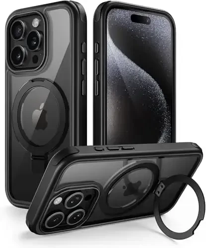 Mobnano for iPhone 15 Pro Case with Stand, Compatible with MagSafe, Crystal Clear Back, Military-Grade Protection, Magnetic Ring Holder & Protective Bumpers, Non-Yellowing Scratch-Resistant - Black - 1