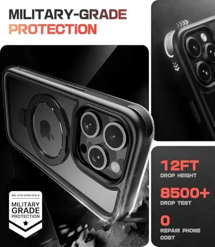 Mobnano for iPhone 15 Pro Case with Stand, Compatible with MagSafe, Crystal Clear Back, Military-Grade Protection, Magnetic Ring Holder & Protective Bumpers, Non-Yellowing Scratch-Resistant - Black - 5