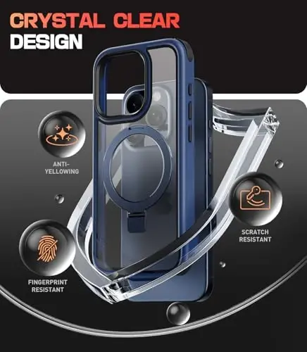 Mobnano for iPhone 15 Pro Case with Stand, Compatible with MagSafe, Crystal Clear Back, Military-Grade Protection, Magnetic Ring Holder Protective Bumpers, Non-Yellowing Scratch-Resistant - Blue/Black - 4