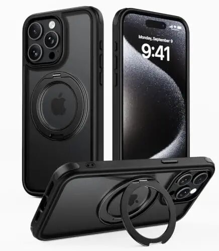 Mobnano for iPhone 15 Pro Max Case with 360° Rotating Ring Stand | Camera Button Guard, Fast wireless charger stand, Compatible with MagSafe iPhone 15 Pro Max phone Cover – Black - MOBNANO