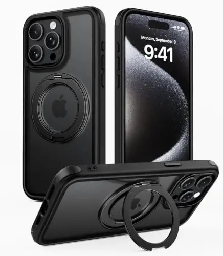 Mobnano for iPhone 15 Pro Max Case with 360° Rotating Ring Stand | Camera Button Guard, Fast wireless charger stand, Compatible with MagSafe iPhone 15 Pro Max phone Cover – Black - 1