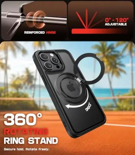 Mobnano for iPhone 15 Pro Max Case with 360° Rotating Ring Stand | Camera Button Guard, Fast wireless charger stand, Compatible with MagSafe iPhone 15 Pro Max phone Cover – Black - 3