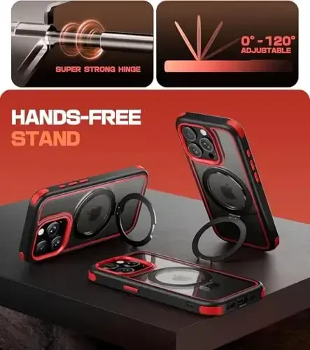 Mobnano for iPhone 15 Pro Max Case with Stand, MagSafe bilan mos, Kristalli tiniq, Harbiy darajadagi himoya, Magnit halqa ushlagich va himoya bamperlari, Sariqlikka chidamli tirnalishga chidamli - Qora/Qizil - 2