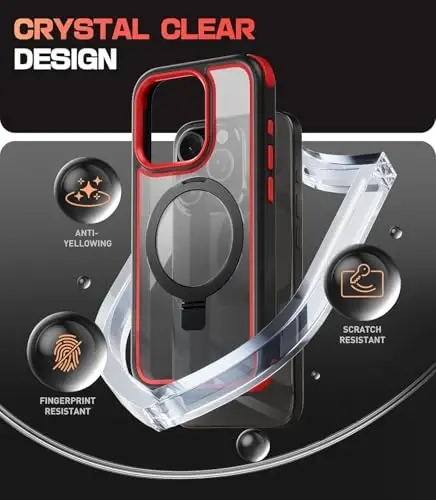 Mobnano for iPhone 15 Pro Max Case with Stand, MagSafe bilan mos, Kristalli tiniq, Harbiy darajadagi himoya, Magnit halqa ushlagich va himoya bamperlari, Sariqlikka chidamli tirnalishga chidamli - Qora/Qizil - 4