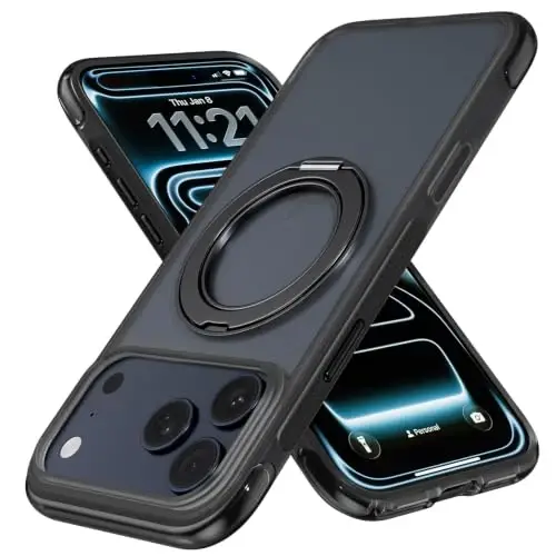 Mobnano for iPhone 17/18 Pro Max Case with 360° Rotating Ring Stand | Classic Aesthetics, Fast wireless charger stand, Compatible with MagSafe iPhone 17/18 Pro Max phone Cover – Black - 1