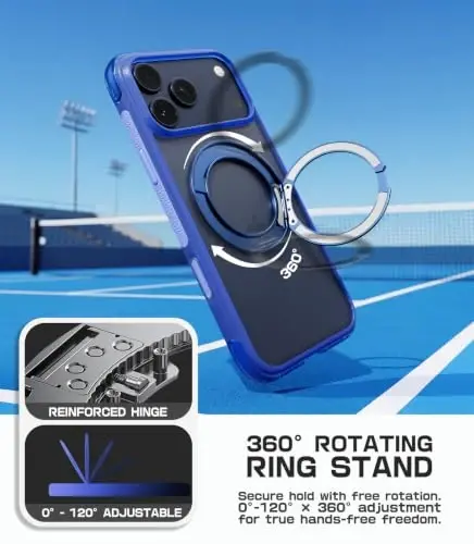 Mobnano for iPhone 17/18 Pro Max Case with 360° Rotating Ring Stand | Classic Aesthetics, Fast wireless charger stand, Compatible with MagSafe iPhone 17/18 Pro Max phone cover case – Blue - 3