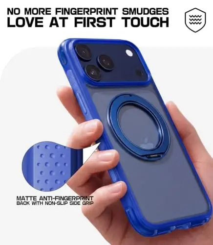 Mobnano for iPhone 17/18 Pro Max Case with 360° Rotating Ring Stand | Classic Aesthetics, Fast wireless charger stand, Compatible with MagSafe iPhone 17/18 Pro Max phone cover case – Blue - 5