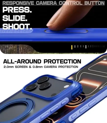 Mobnano for iPhone 17/18 Pro Max Case with 360° Rotating Ring Stand | Classic Aesthetics, Fast wireless charger stand, Compatible with MagSafe iPhone 17/18 Pro Max phone cover case – Blue - 6