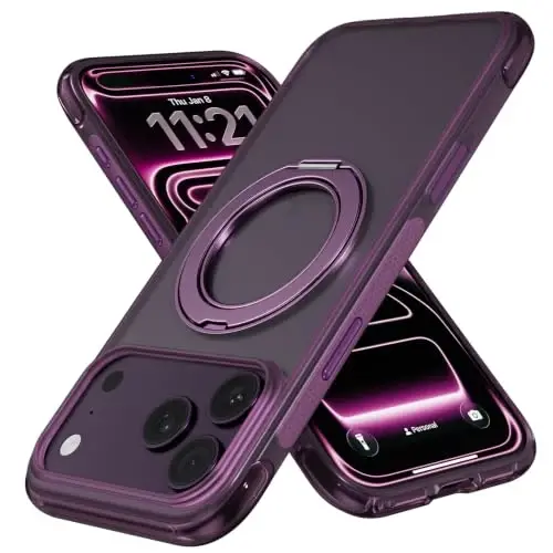 Mobnano for iPhone 17/18 Pro Max Case with 360° Rotating Ring Stand | Classic Aesthetics, Fast wireless charger stand, Compatible with MagSafe iPhone 17/18 Pro Max phone cover case – Cherry - 1
