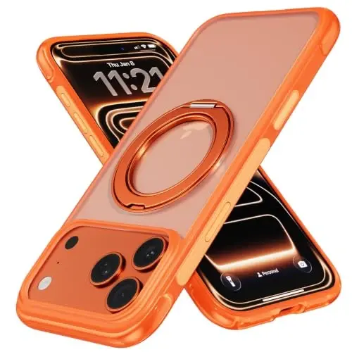 Mobnano for iPhone 17/18 Pro Max Case with 360° Rotating Ring Stand | Classic Aesthetics, Fast wireless charger stand, Compatible with MagSafe iPhone 17/18 Pro Max phone cover case – Orange - 1