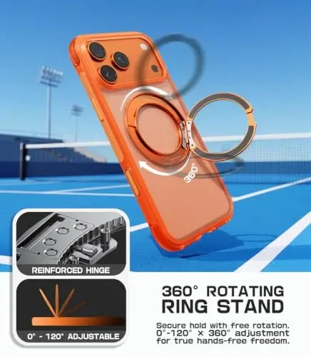 Mobnano for iPhone 17/18 Pro Max Case with 360° Rotating Ring Stand | Classic Aesthetics, Fast wireless charger stand, Compatible with MagSafe iPhone 17/18 Pro Max phone cover case – Orange - 3