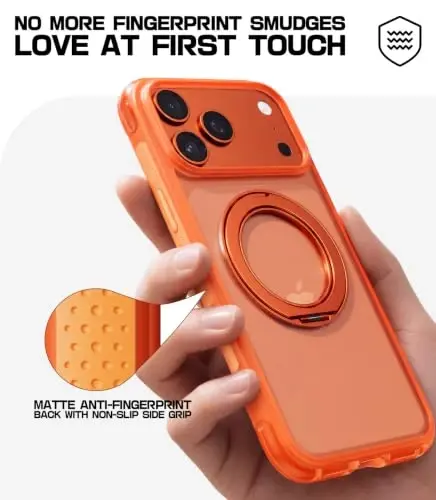 Mobnano for iPhone 17/18 Pro Max Case with 360° Rotating Ring Stand | Classic Aesthetics, Fast wireless charger stand, Compatible with MagSafe iPhone 17/18 Pro Max phone cover case – Orange - 5
