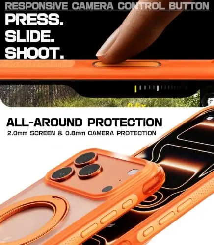 Mobnano for iPhone 17/18 Pro Max Case with 360° Rotating Ring Stand | Classic Aesthetics, Fast wireless charger stand, Compatible with MagSafe iPhone 17/18 Pro Max phone cover case – Orange - 6