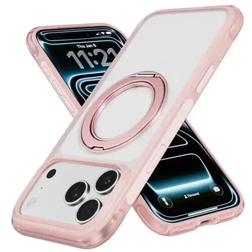 Mobnano for iPhone 17/18 Pro Max Case with 360° Rotating Ring Stand | Classic Aesthetics, Fast wireless charger stand, Compatible with MagSafe iPhone 17/18 Pro Max phone cover case – Pink - MOBNANO