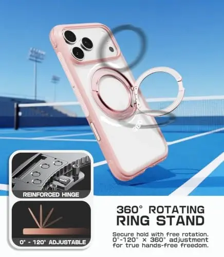 Mobnano for iPhone 17/18 Pro Max Case with 360° Rotating Ring Stand | Classic Aesthetics, Fast wireless charger stand, Compatible with MagSafe iPhone 17/18 Pro Max phone cover case – Pink - 3