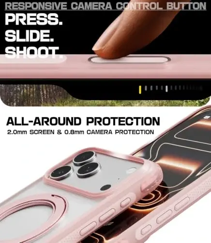 Mobnano for iPhone 17/18 Pro Max Case with 360° Rotating Ring Stand | Classic Aesthetics, Fast wireless charger stand, Compatible with MagSafe iPhone 17/18 Pro Max phone cover case – Pink - 6