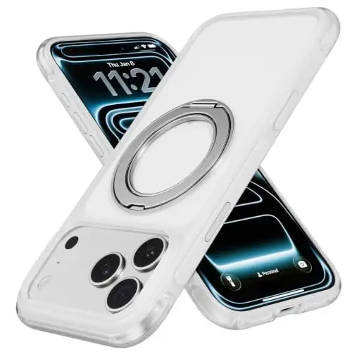 Mobnano for iPhone 17/18 Pro Max Case with 360° Rotating Ring Stand | Classic Aesthetics, Fast wireless charger stand, Compatible with MagSafe iPhone 17/18 Pro Max phone cover case – White - 1